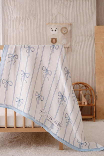 Blue Bow Muslin Baby Blanket