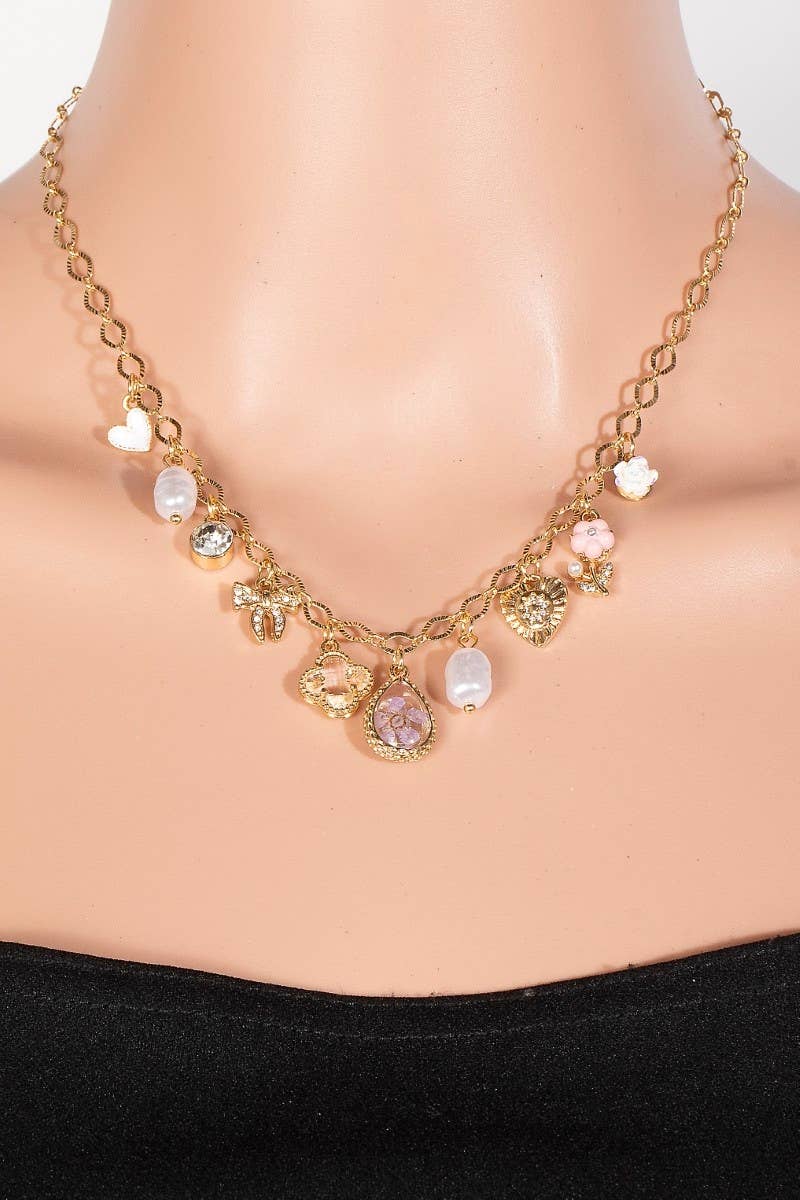 Heart Pearl And Floral Charms Chain Necklace