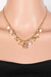 Heart Pearl And Floral Charms Chain Necklace