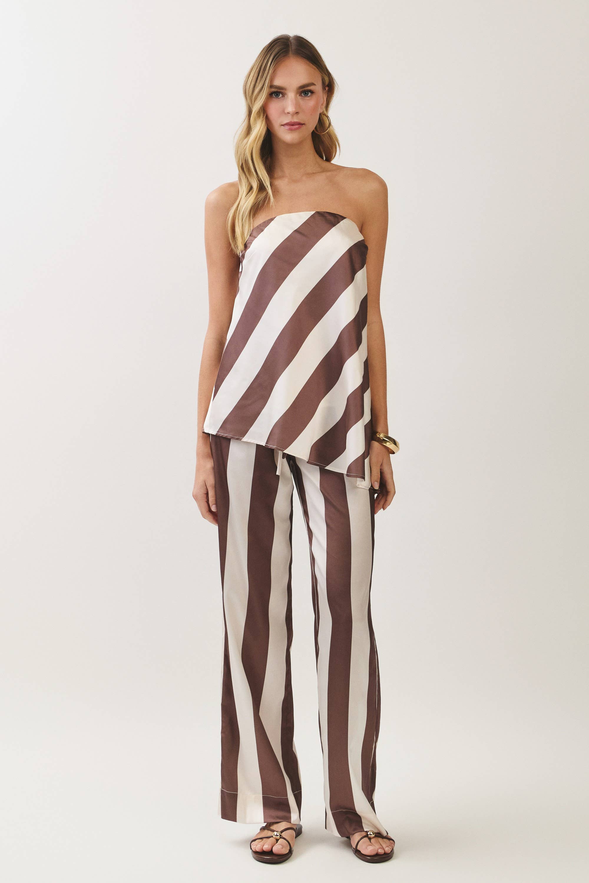 Brown Striped Strapless Top & Wide Leg Pant Set