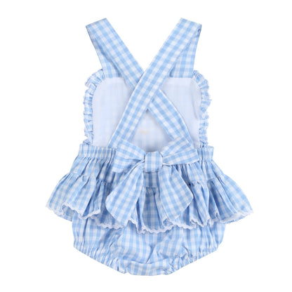 Blue Gingham Goose Lace Bow Ruffle Baby