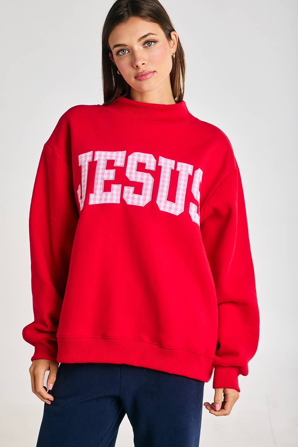 Red & Pink Gingham Jesus Mockneck