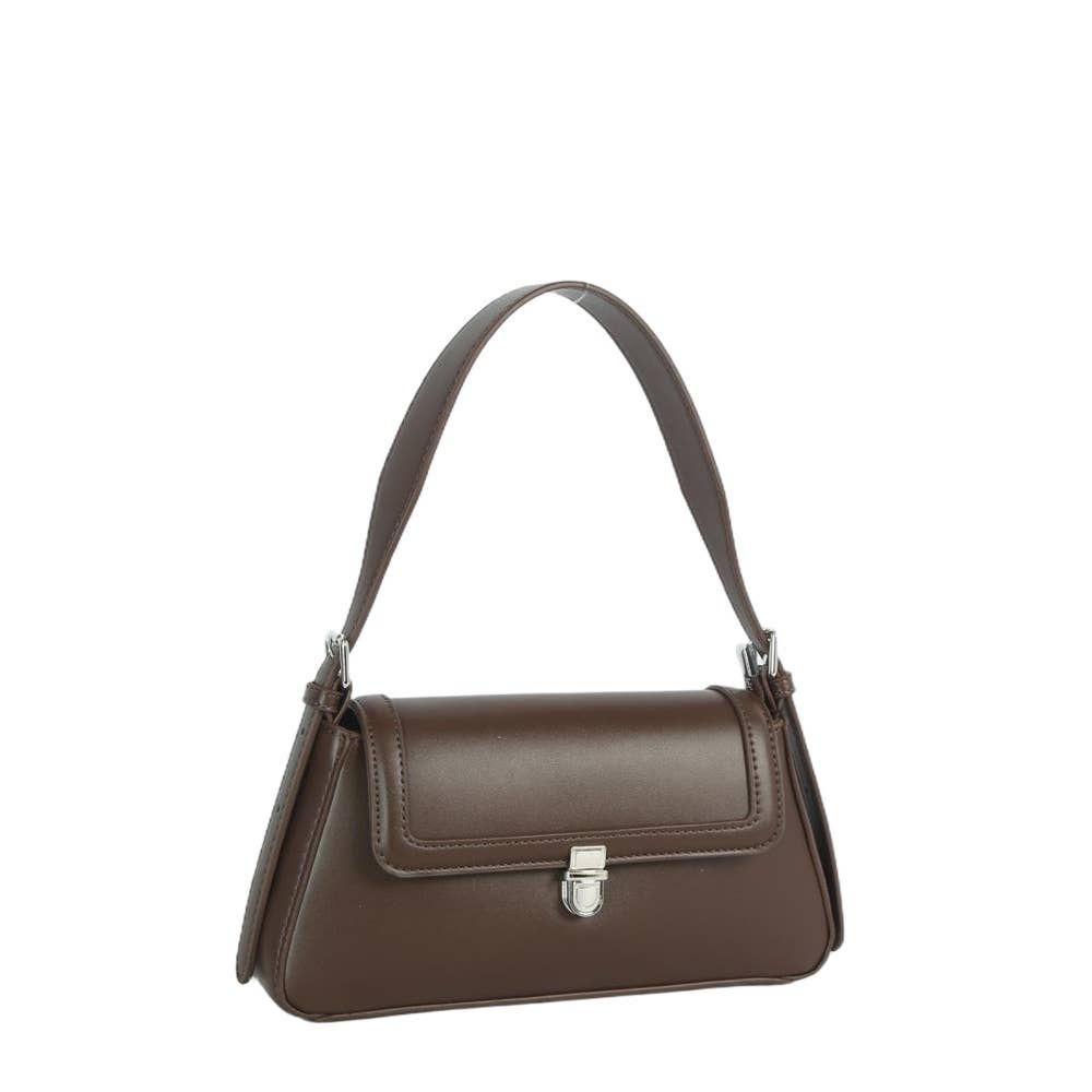Vegan Leather Push Lock Flap Shoulder Baguette Bag