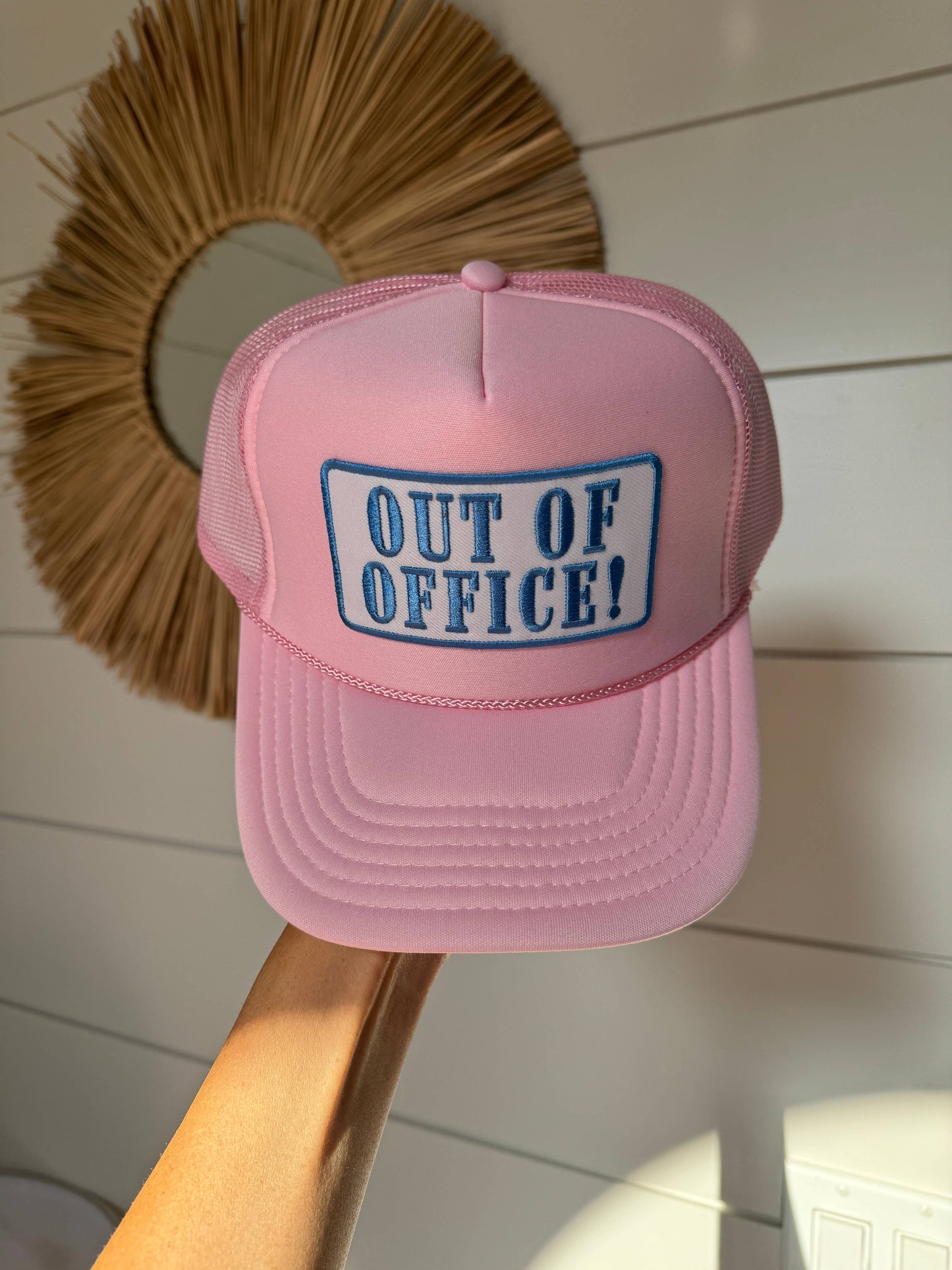 OUT OF OFFICE Patch Trucker Hat | Light Pink