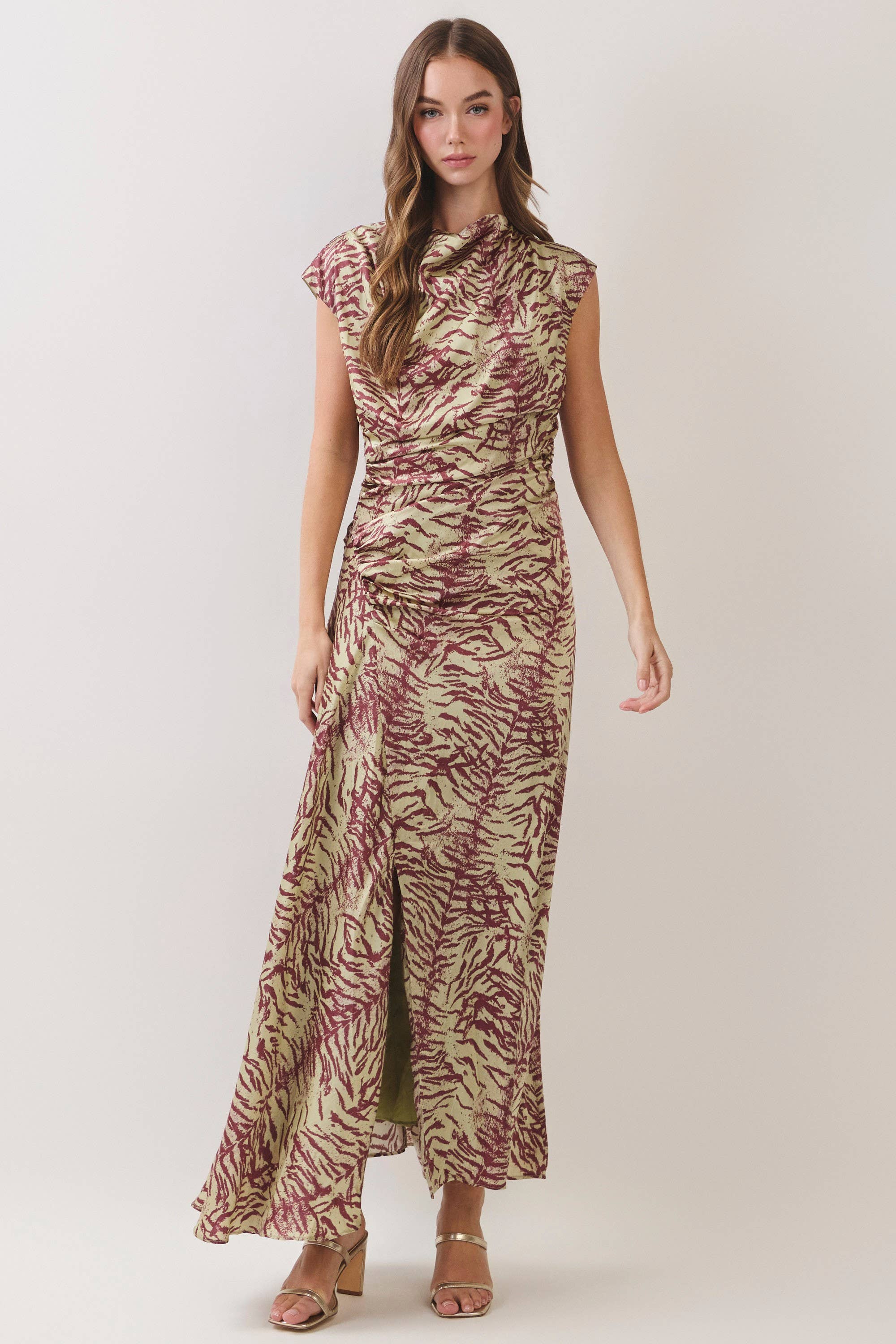 Printed Front Slit Draped Maxi Dress showing cowl neck