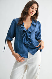 Denim Pleated Ruffle Blouse
