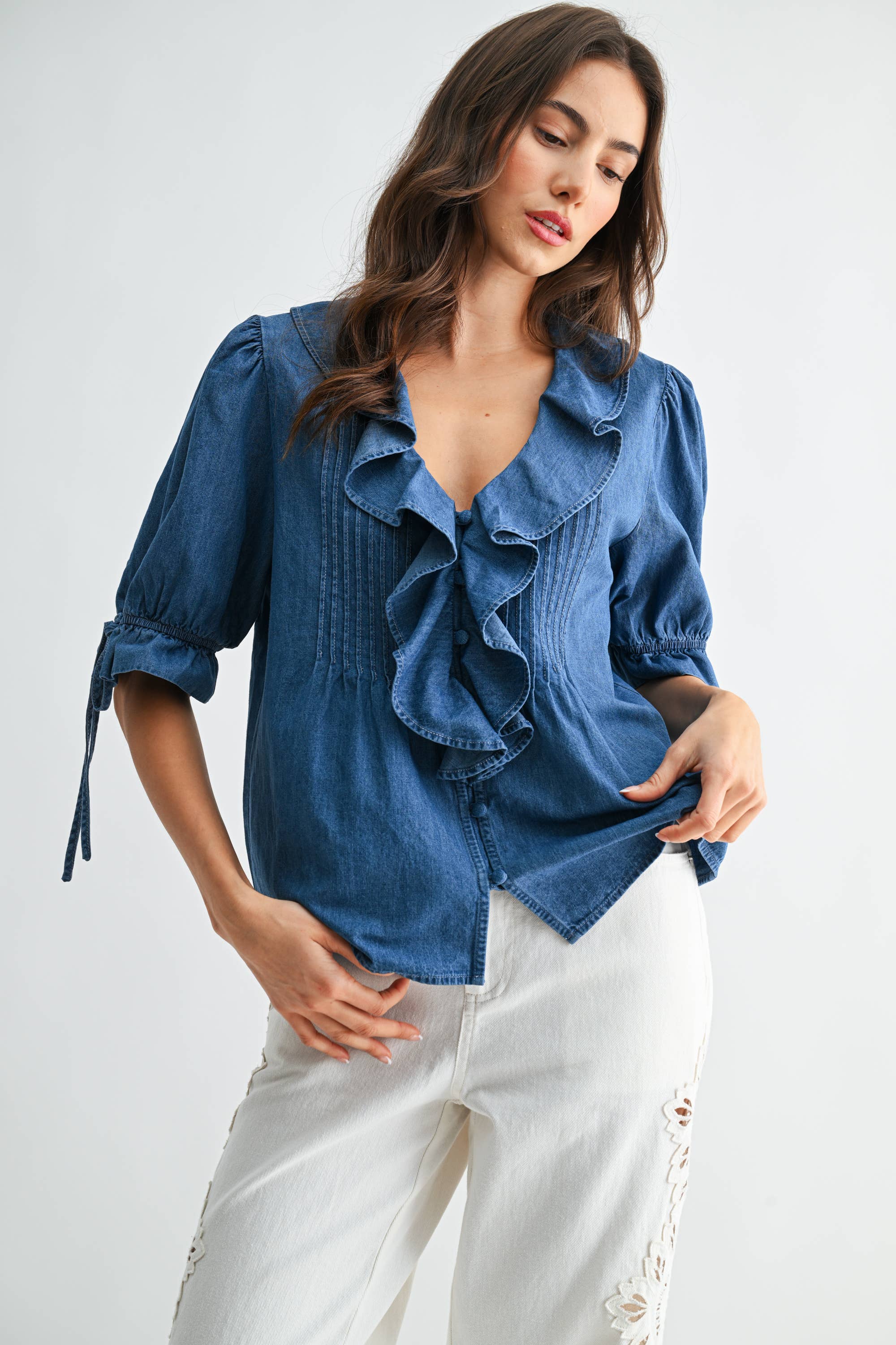 Denim Pleated Ruffle Blouse