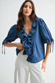 Denim Pleated Ruffle Blouse