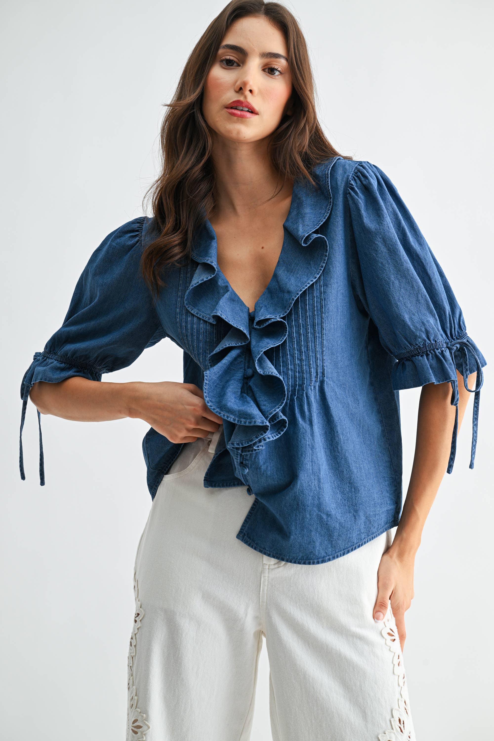 Denim Pleated Ruffle Blouse