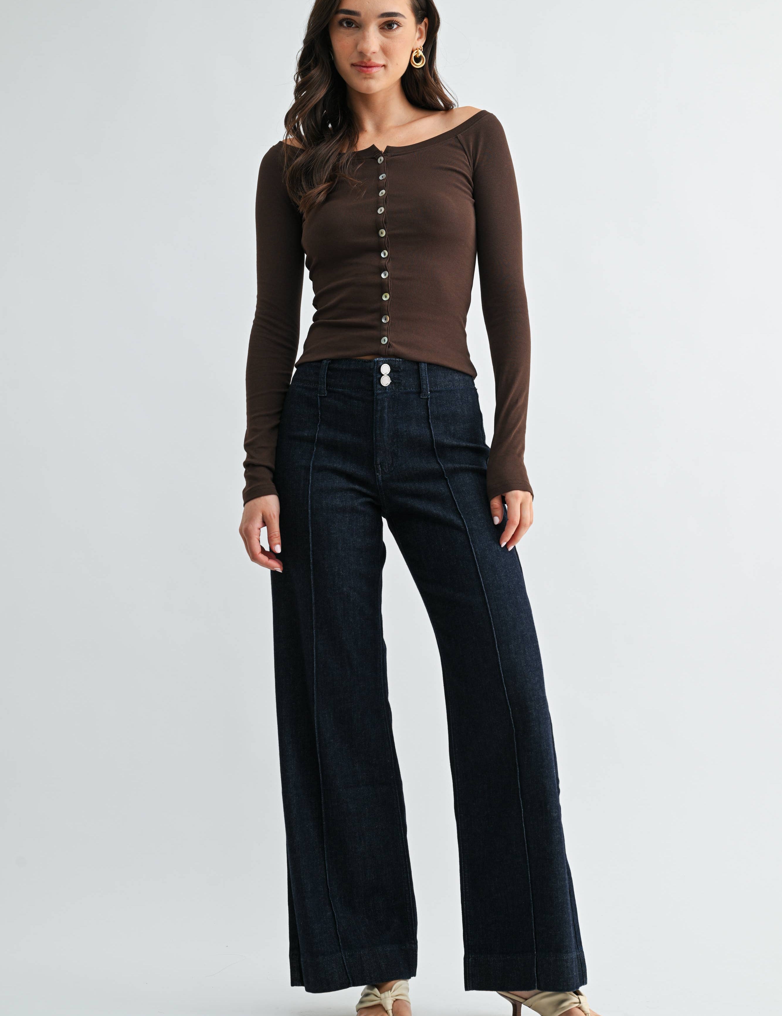 Pintuck High Rise Trouser Wide Leg showing high rise