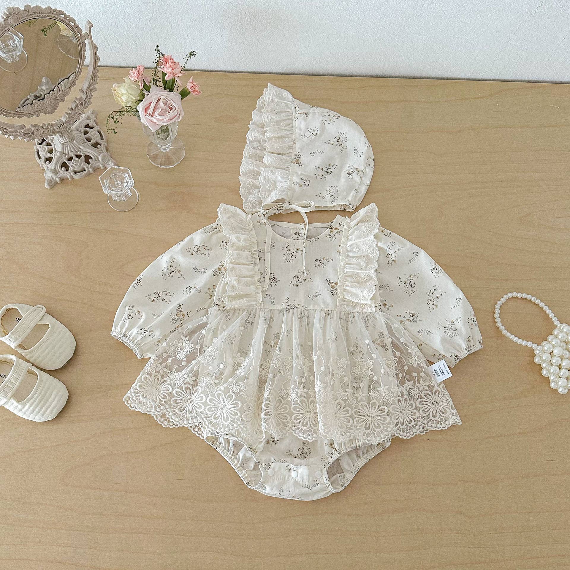 Ivory Floral Lace Baby Romper with Bonnet Set