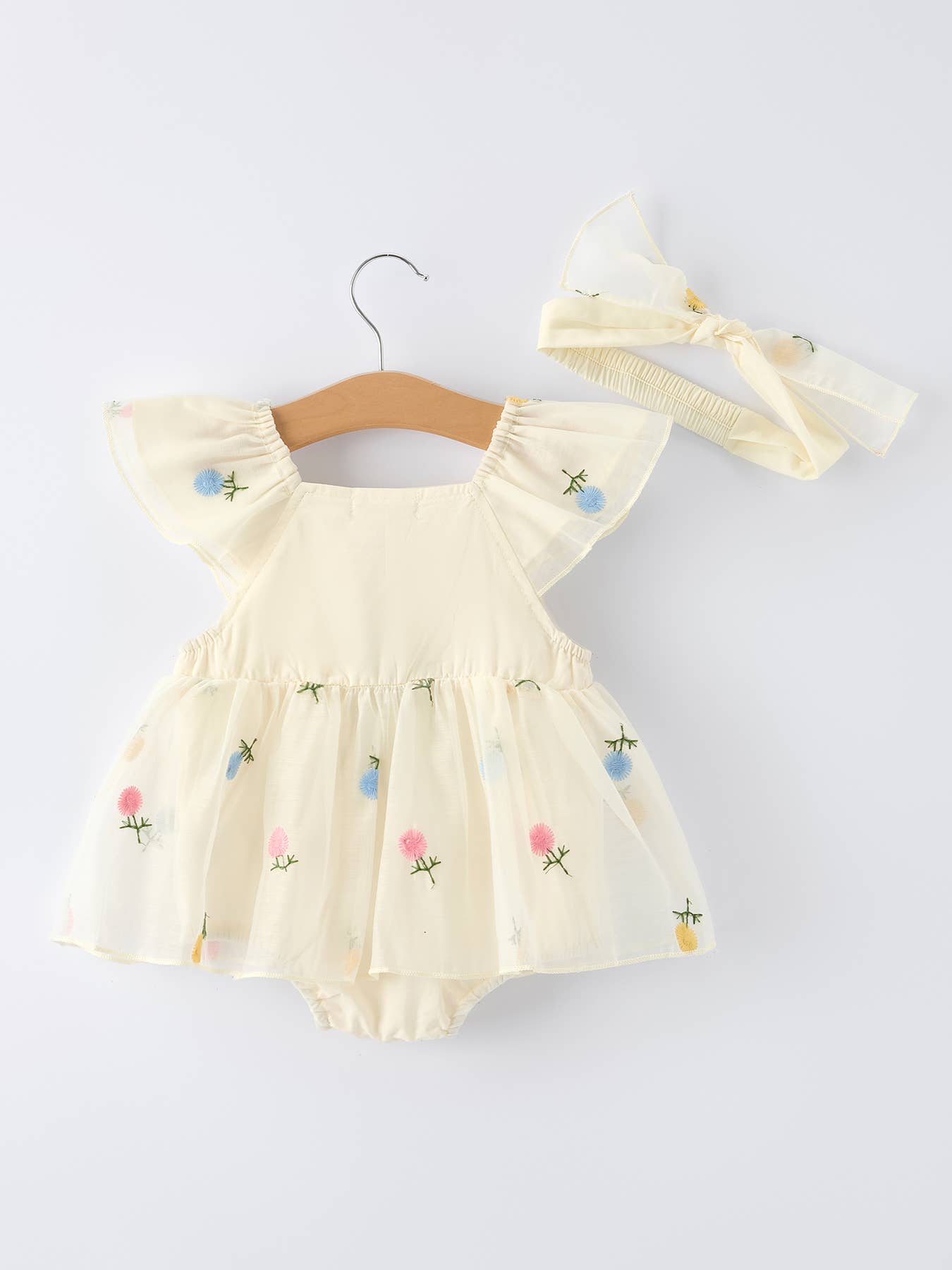 Storybook Floral Flying sleeves Girl Romper With Headband