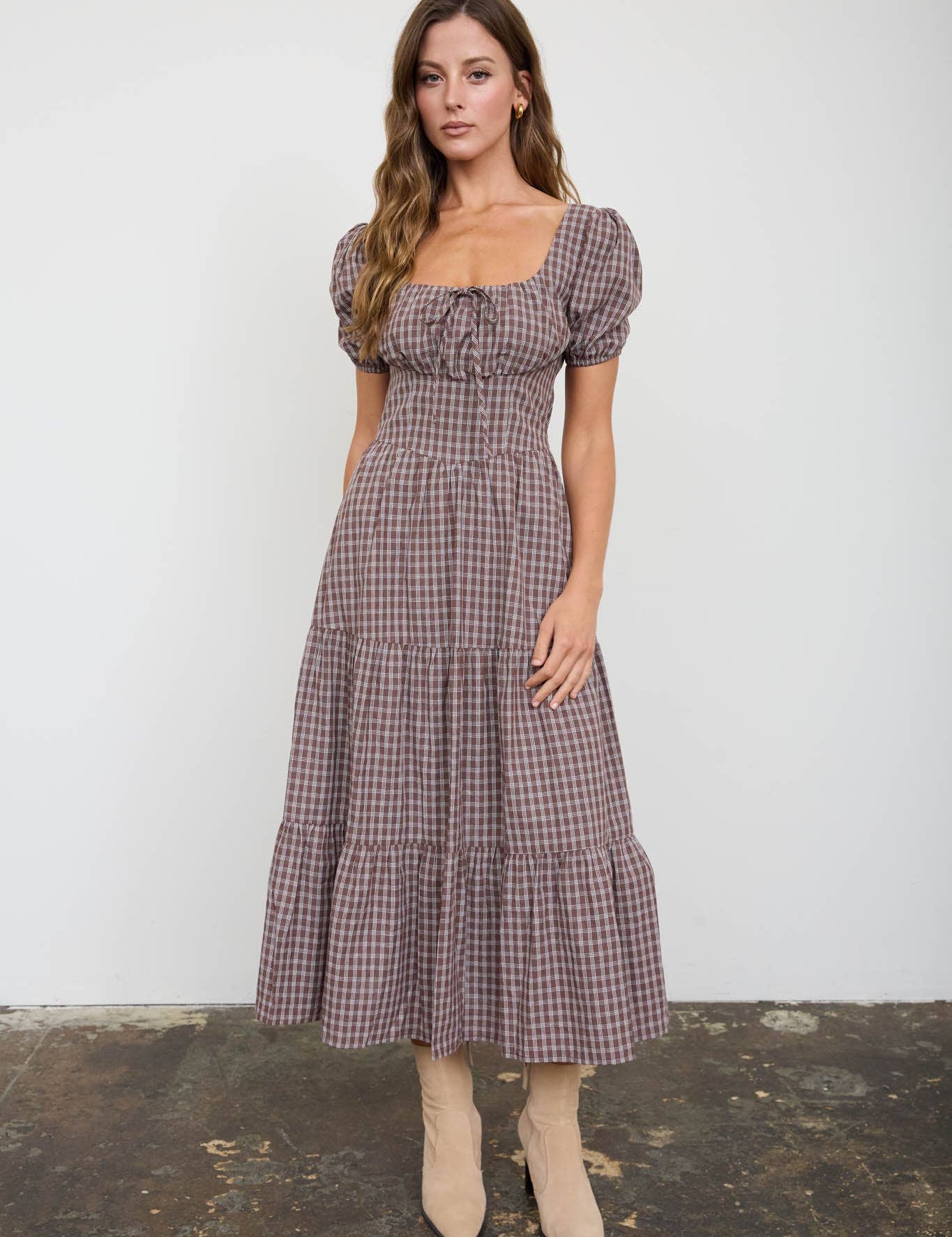 Brown Plaid Tiered Midi Dress — color: mocha brown and cream check plaid and square neckline
