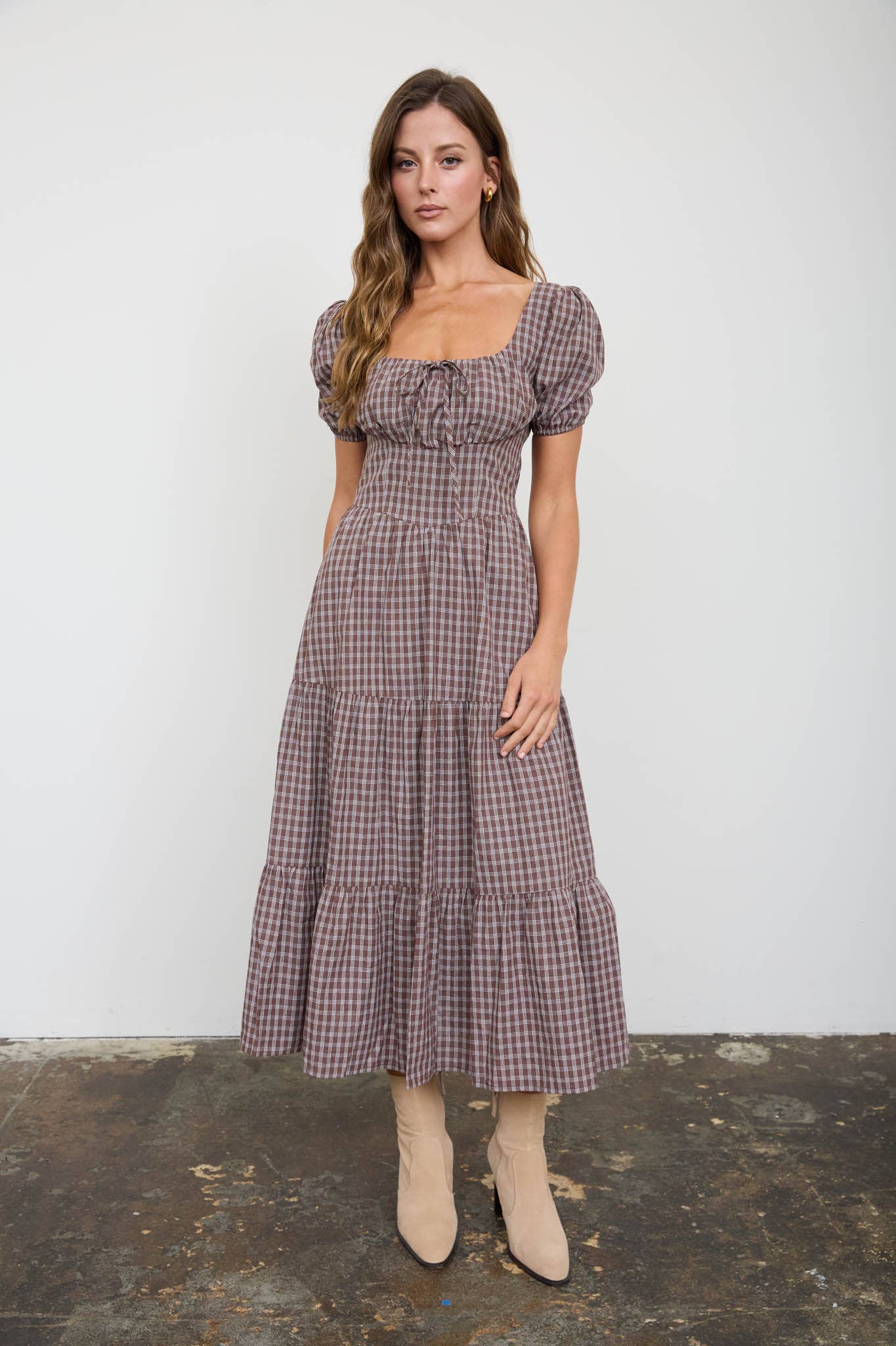 Brown Plaid Tiered Midi Dress — color: mocha brown and cream check plaid and square neckline