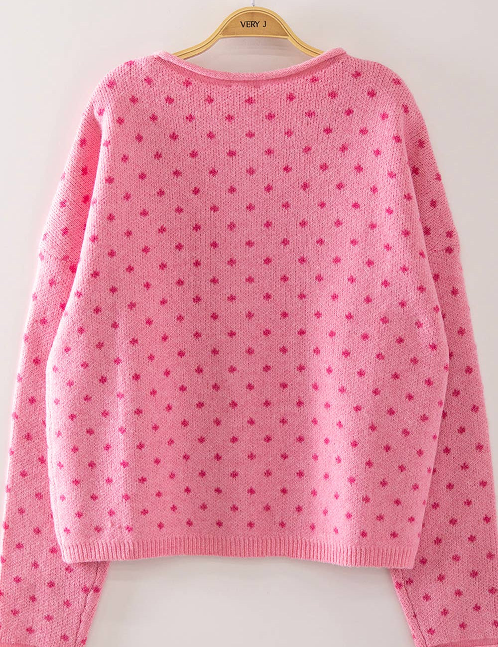 Pink Polka Dot Sweater showing round neckline