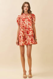 Floral Ruffled Mock Neckline Mini Dress