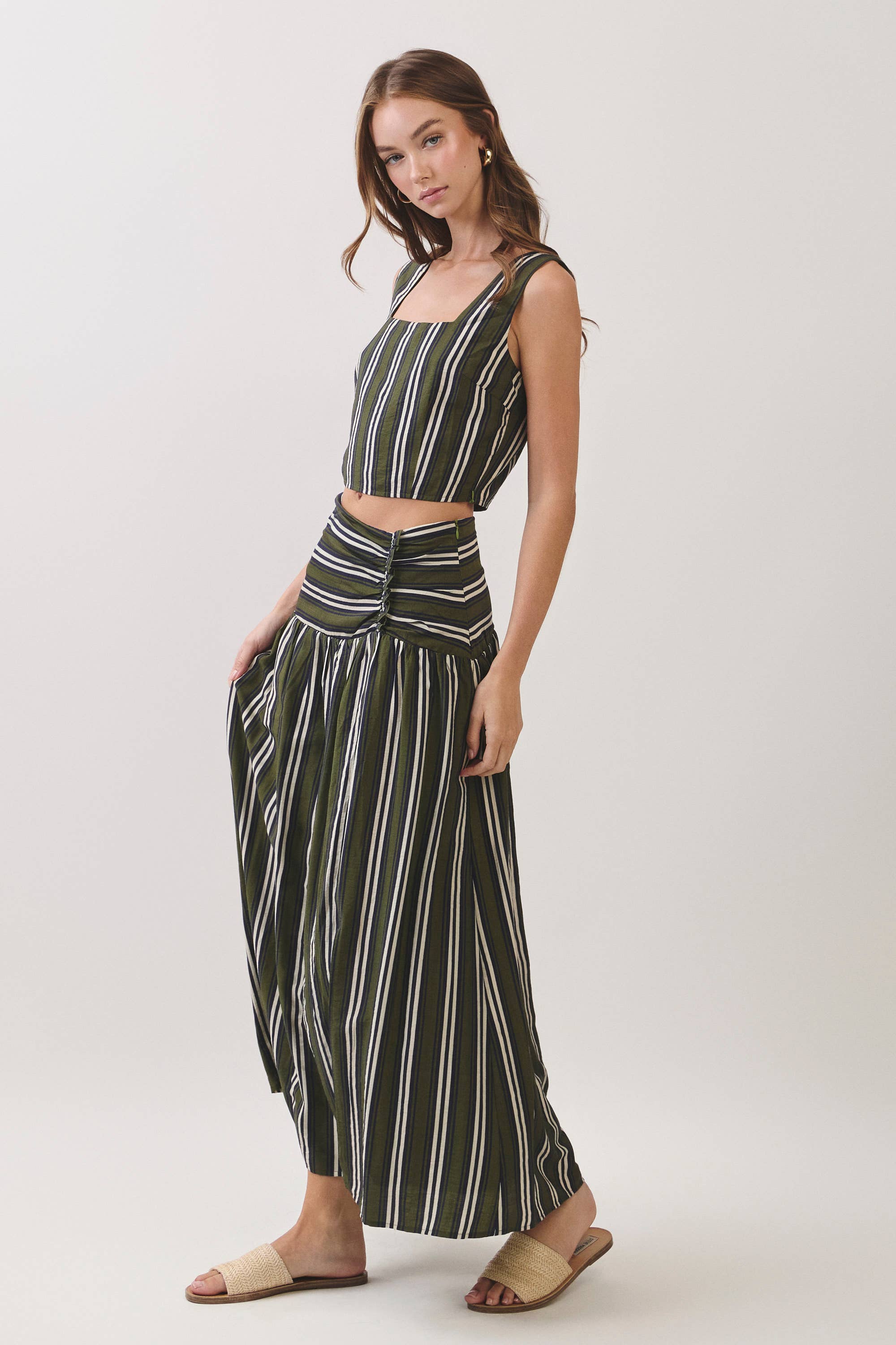 Green Striped Ruched Drop Waist Maxi Skirt