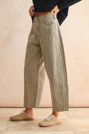 Beige Checker Pattern Barrel Pants