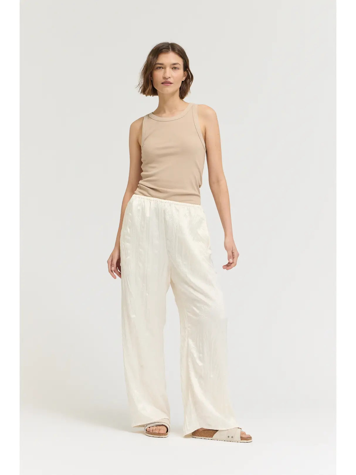 Cream Satin Wrinkle Pants