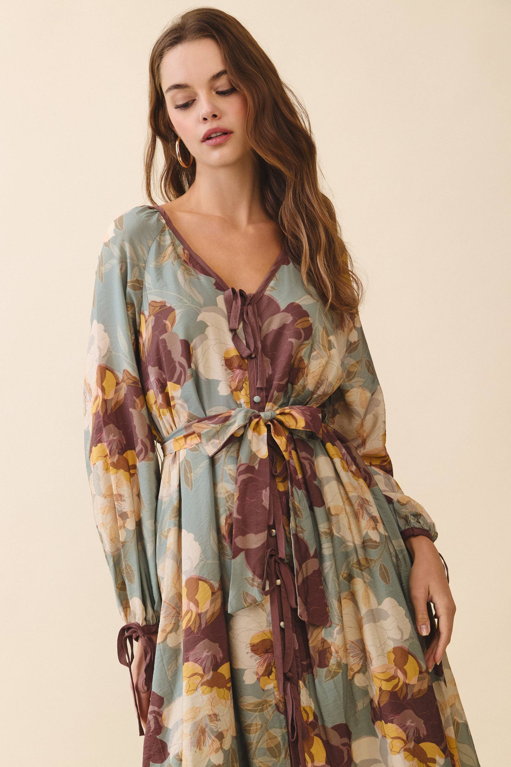 Floral A Line Tie Button Down Dress