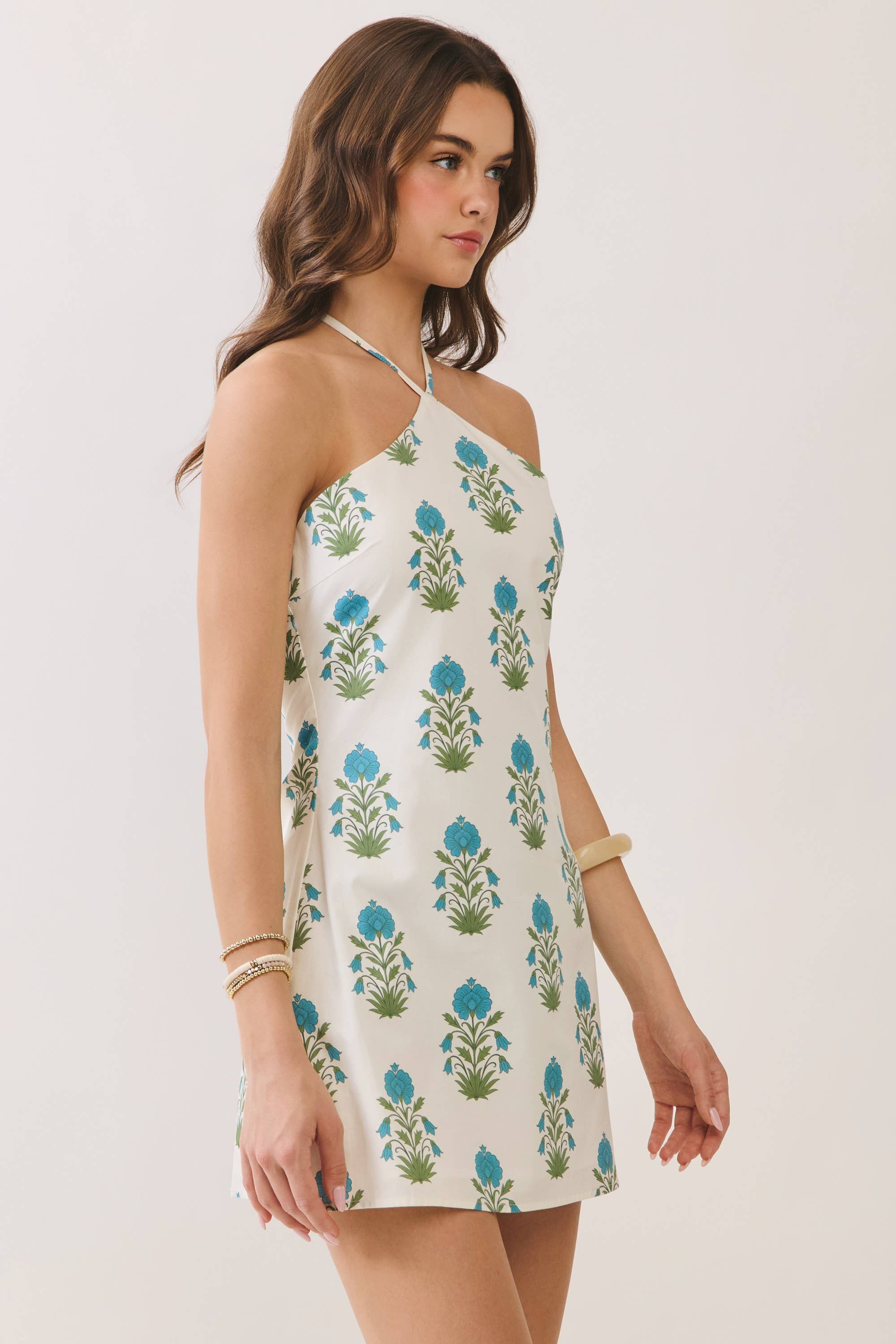Cream Floral Halter Neck Mini Dress