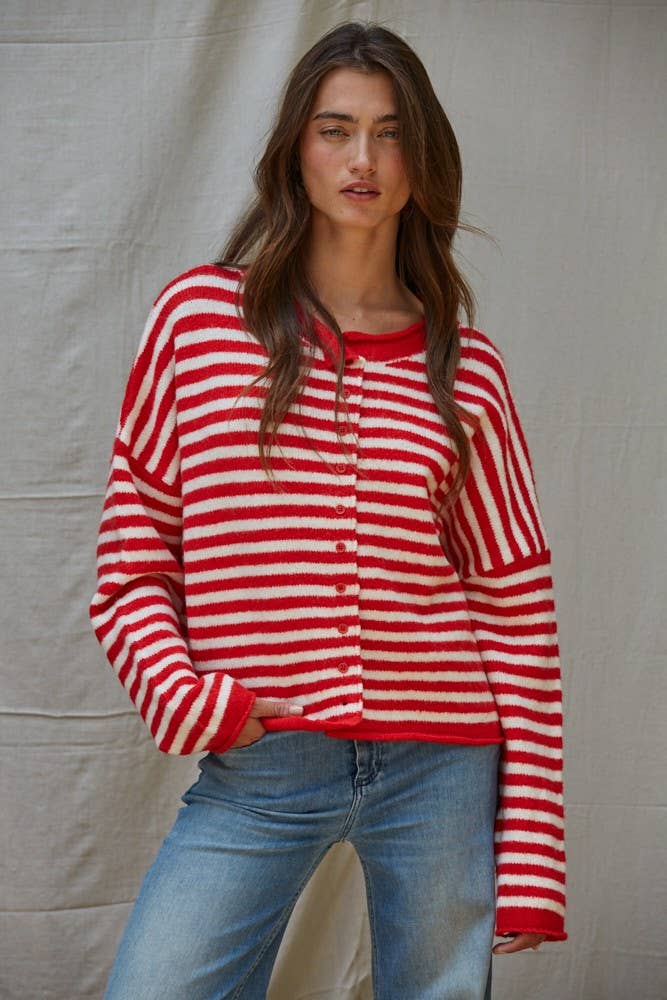Red & Ivory Knit Striped Cardigan
