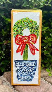 Christmas Wreath Topiary Textured Painted Art Block