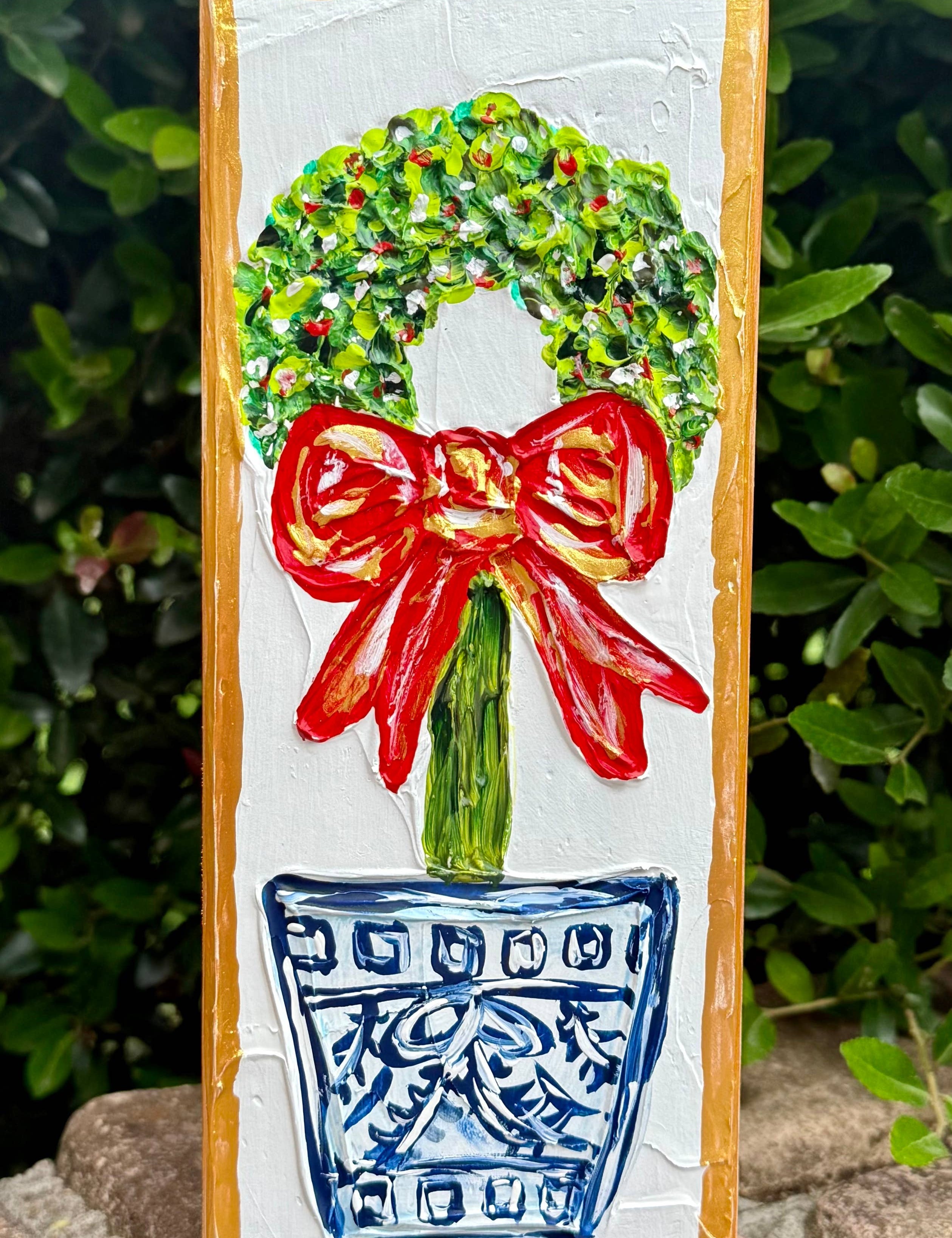 Christmas Wreath Topiary Textured Painted Art Block