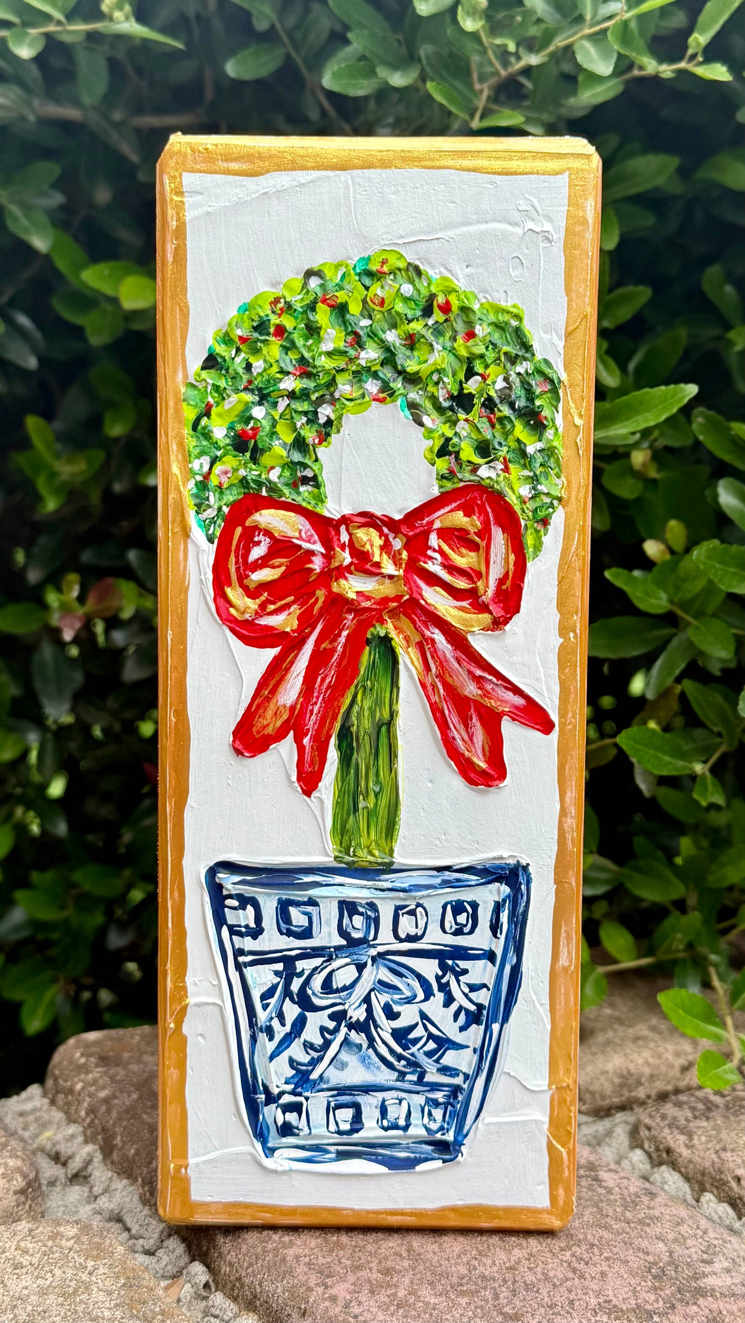 Christmas Wreath Topiary Textured Painted Art Block