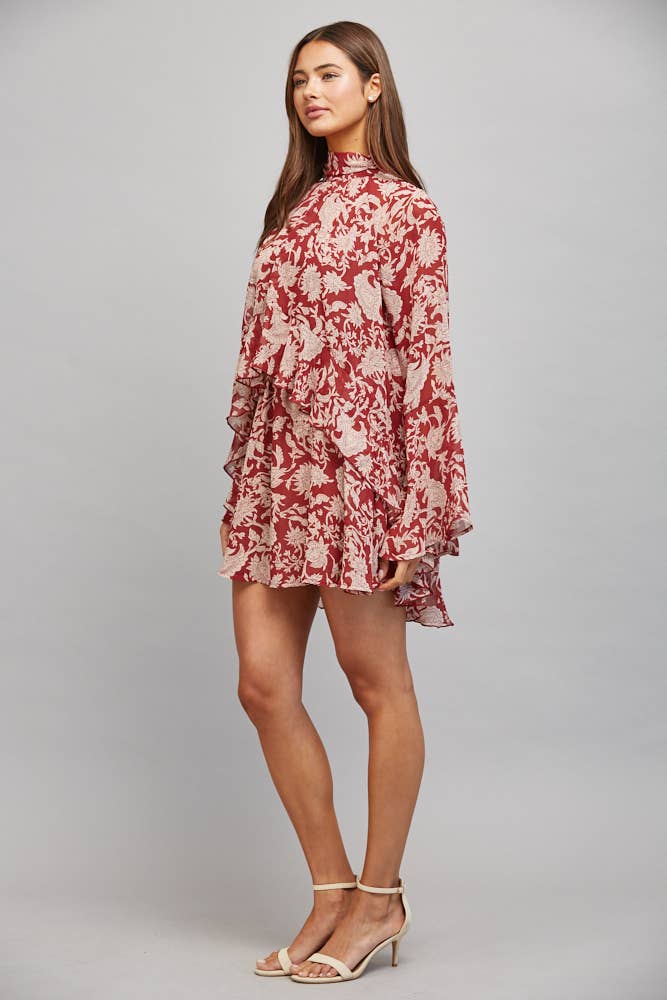 Red Floral Neck Tie Mini Dress