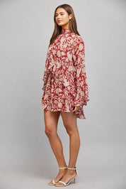 Red Floral Neck Tie Mini Dress