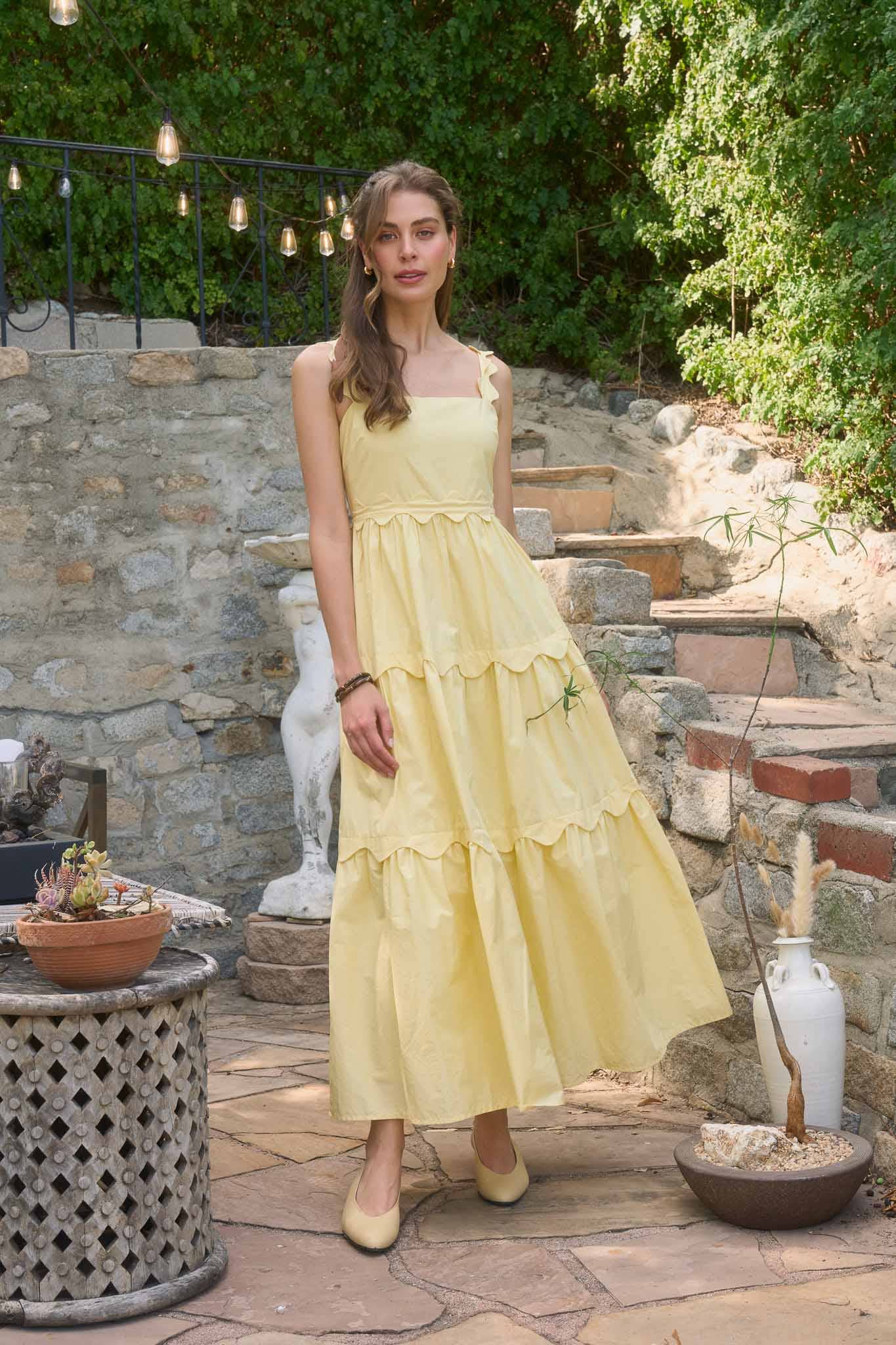 Yellow Scallop Midi Dress