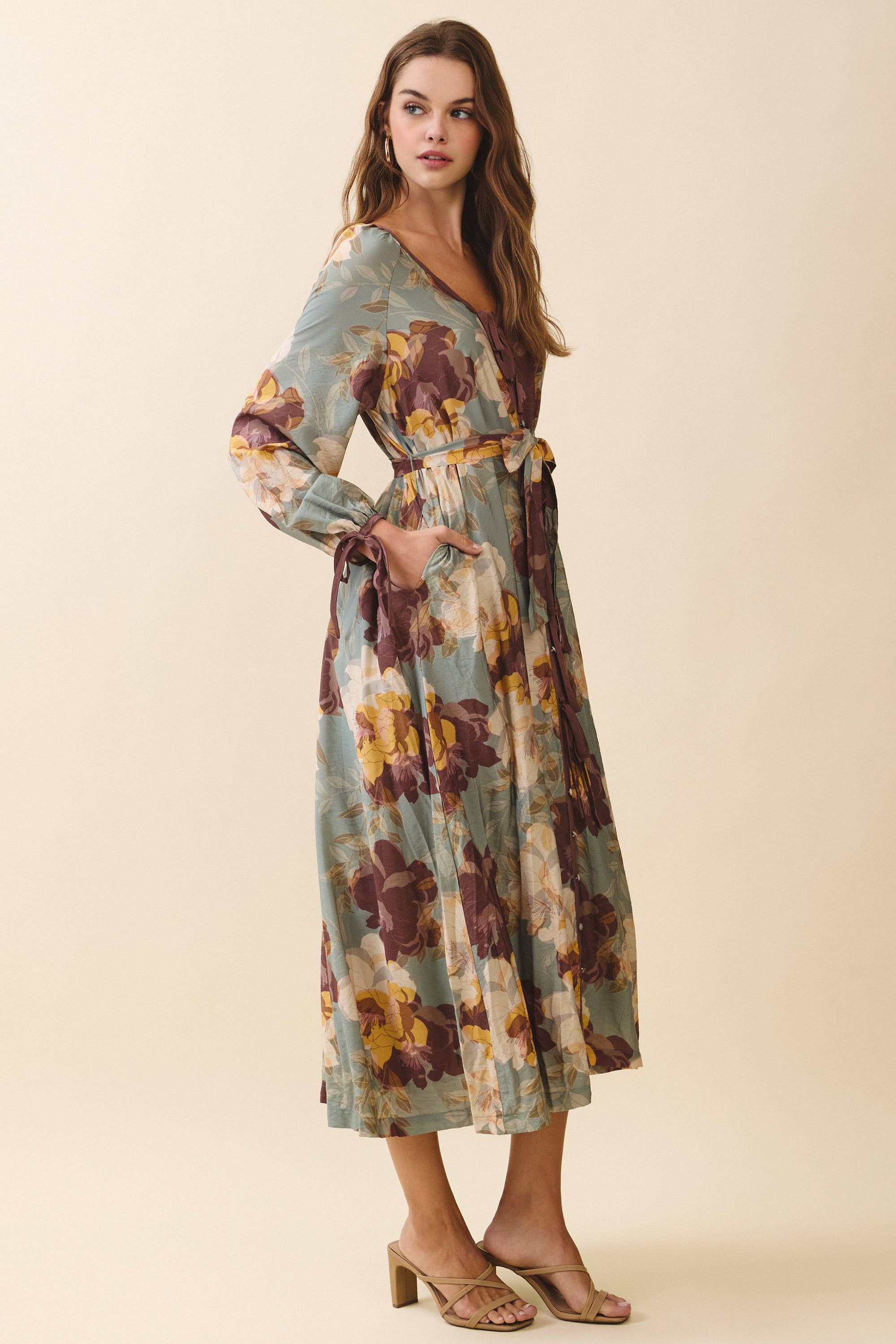 Floral A Line Tie Button Down Dress