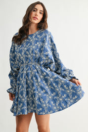 Blue Embroidered Long Sleeve Mini Dress