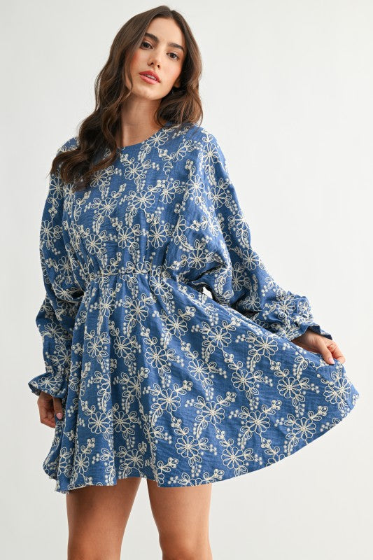 Blue Embroidered Long Sleeve Mini Dress