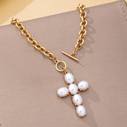 Gold Pearl Cross Toggle Necklace