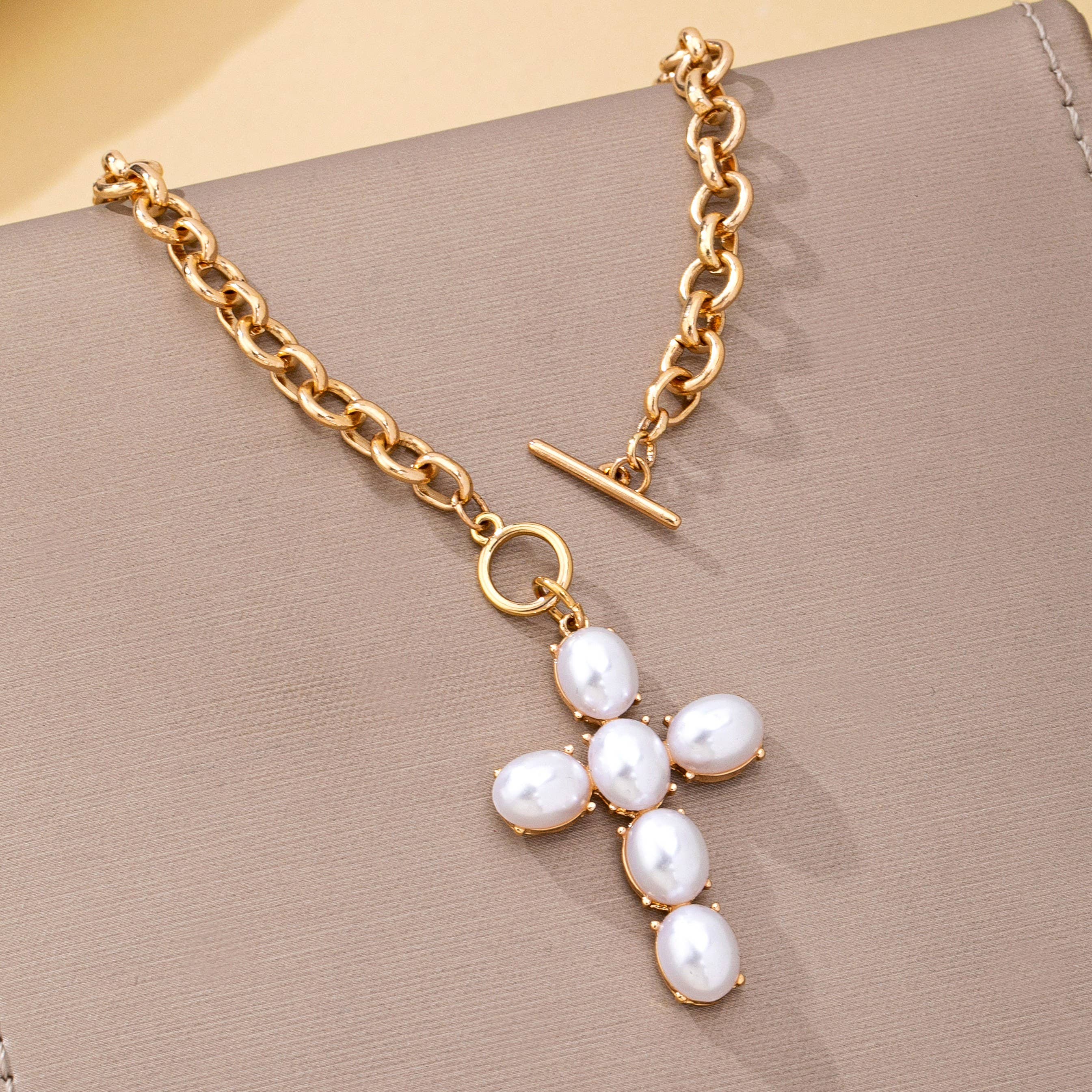 Gold Pearl Cross Toggle Necklace