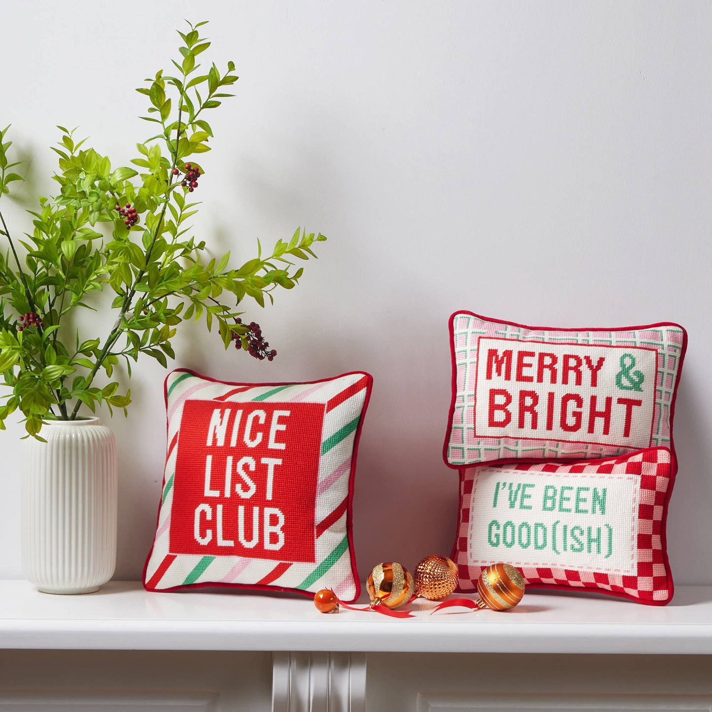 Merry & Bright Embroidered Needlepoint Pillow