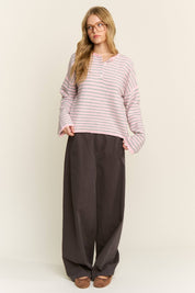 Pink Striped Henley Knit Sweater