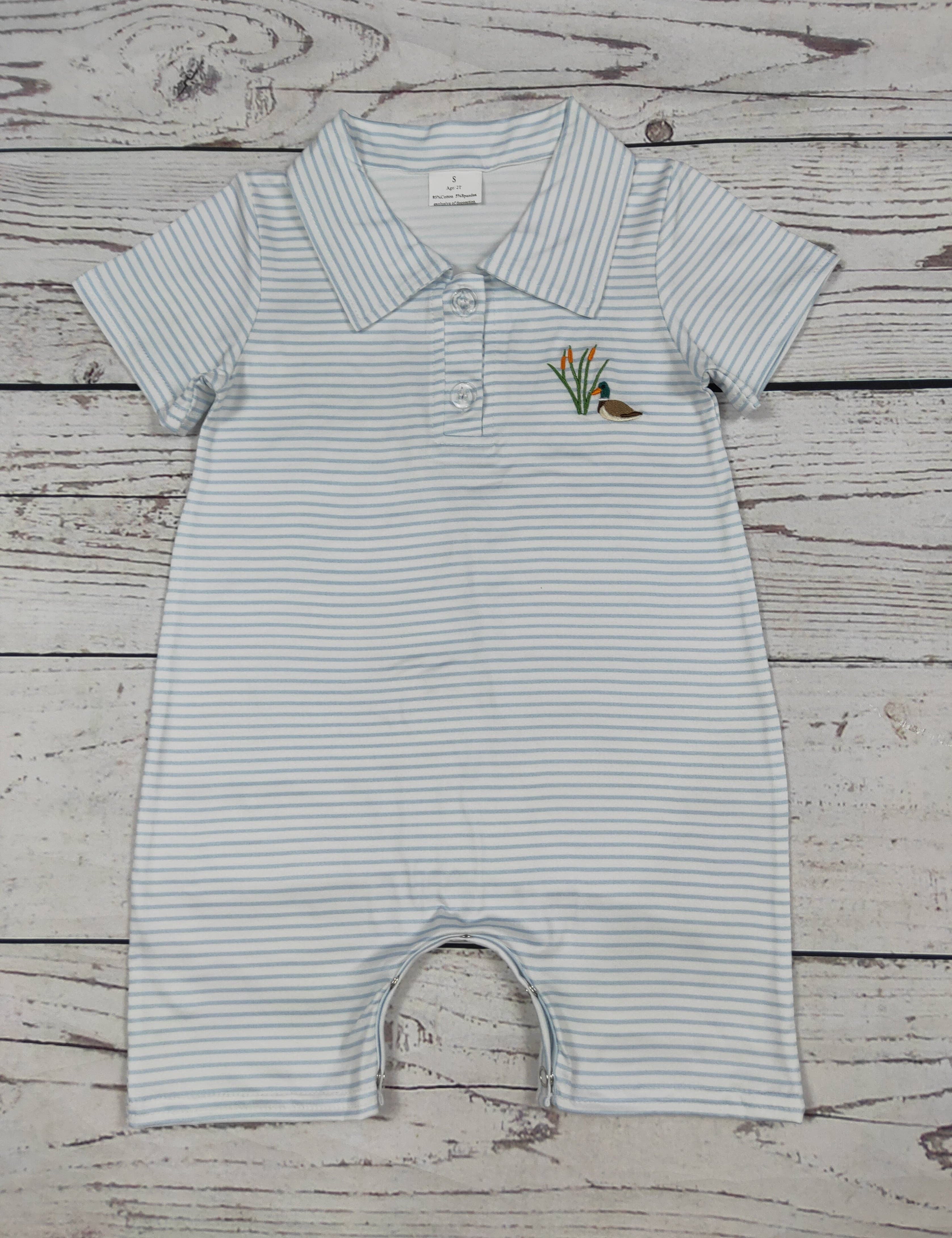 Duck Stripe Baby Romper — color: light blue and white stripe and collared