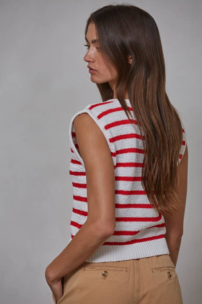 Red & White Striped Button Up Vest Top