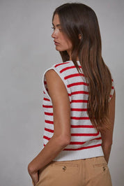Red & White Striped Button Up Vest Top