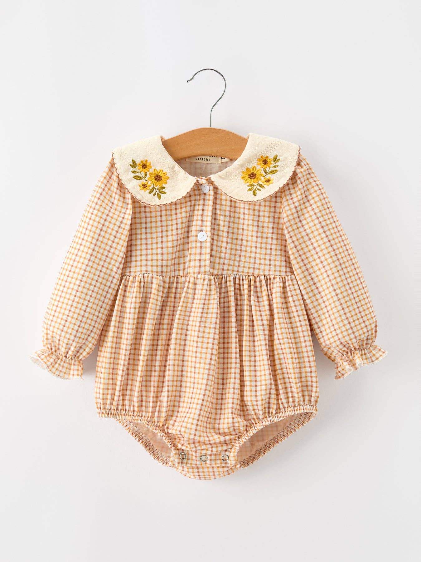 Orange Plaid Floral Bubble Romper — front buttons and long sleeves