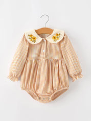 Orange Plaid Floral Bubble Romper — front buttons and long sleeves