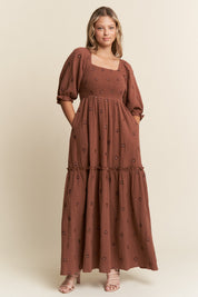 Brown Floral Embroidered Maxi Dress