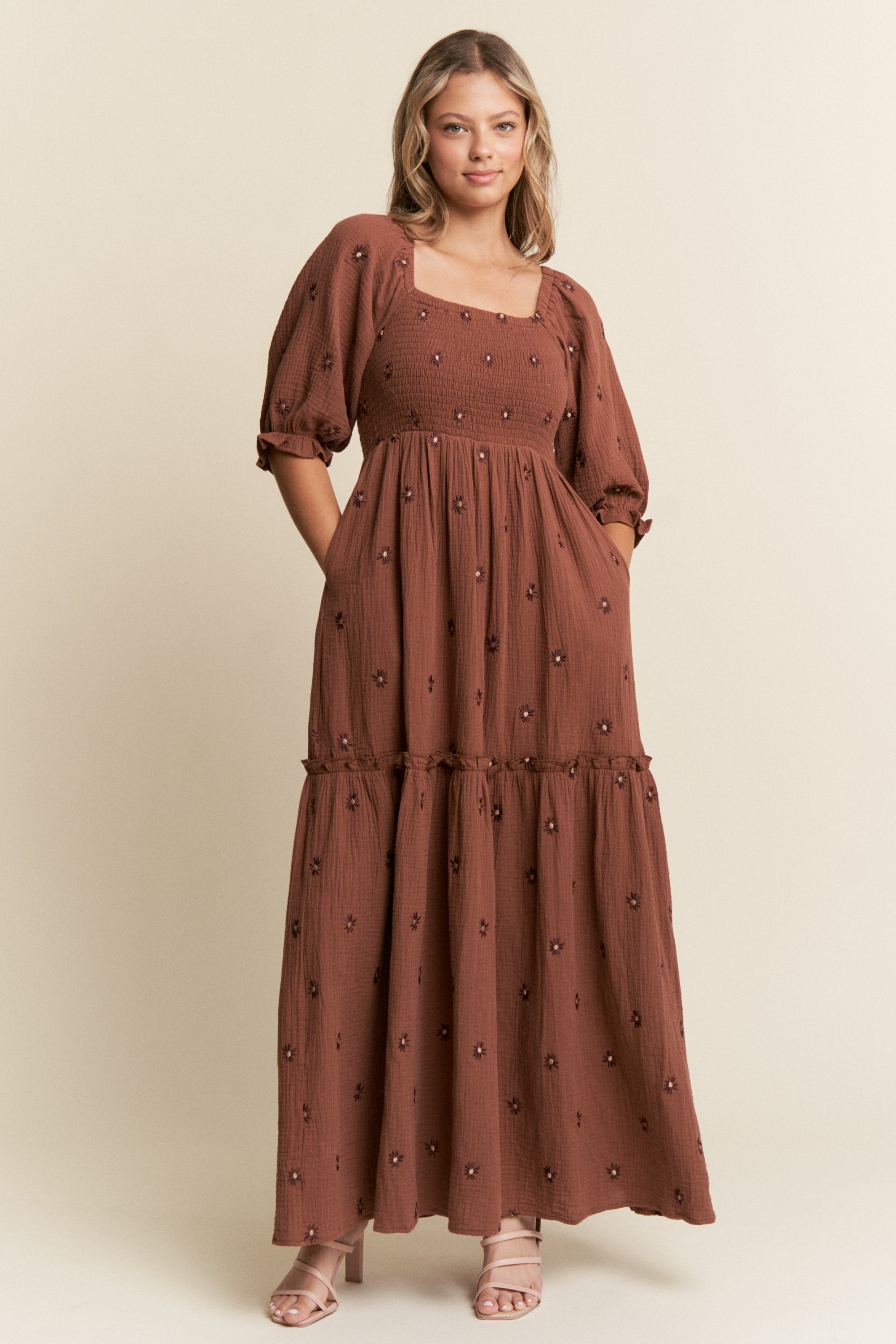 Brown Floral Embroidered Maxi Dress