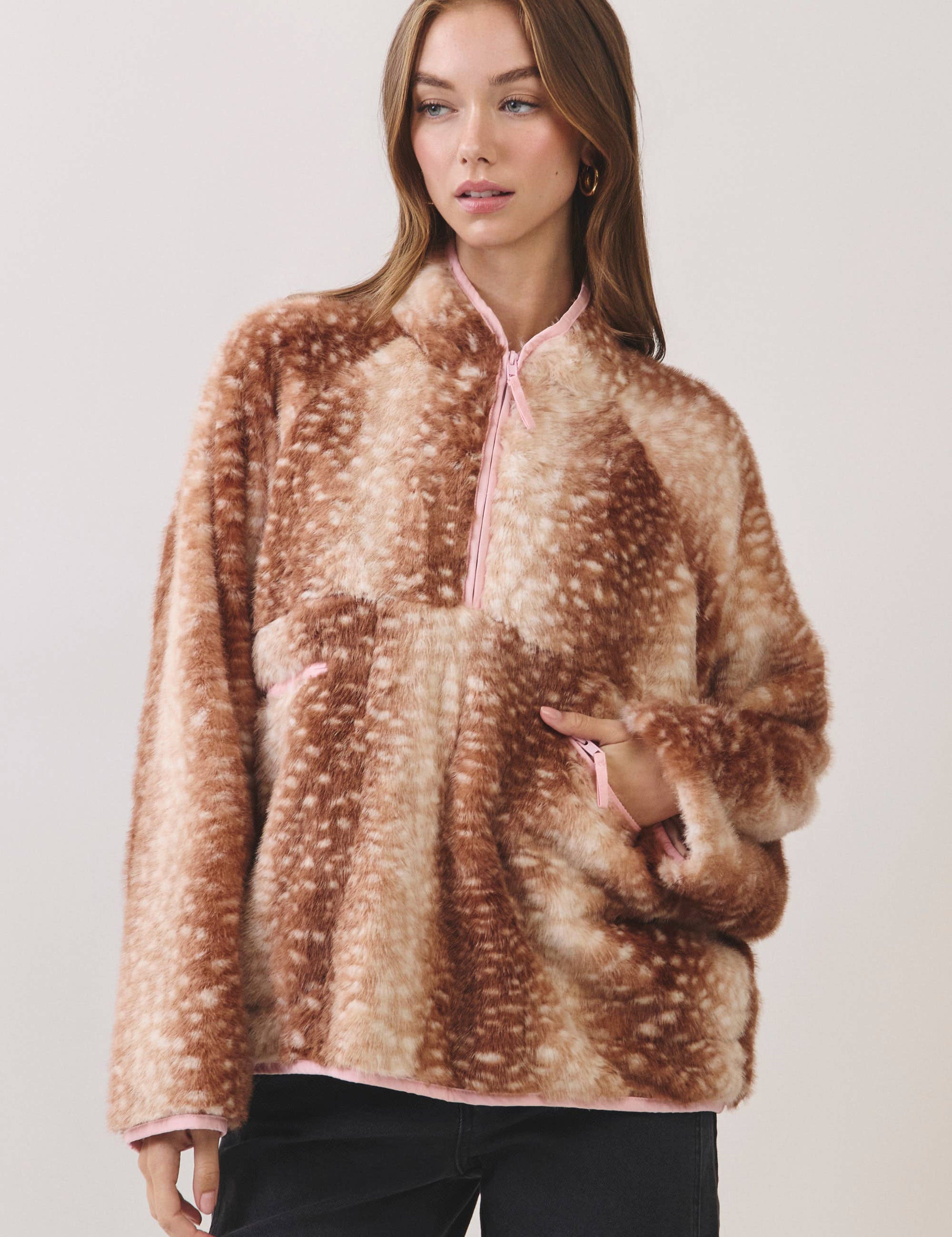 Brown Deer Print Faux Fur Half-Zip Jacket showing deer faux print