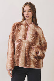 Brown Deer Print Faux Fur Half-Zip Jacket showing deer faux print