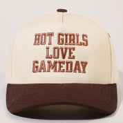 Brown Hot Girls Love Gameday Hat — “hot girls love gameday” lettering across the front and color: brown