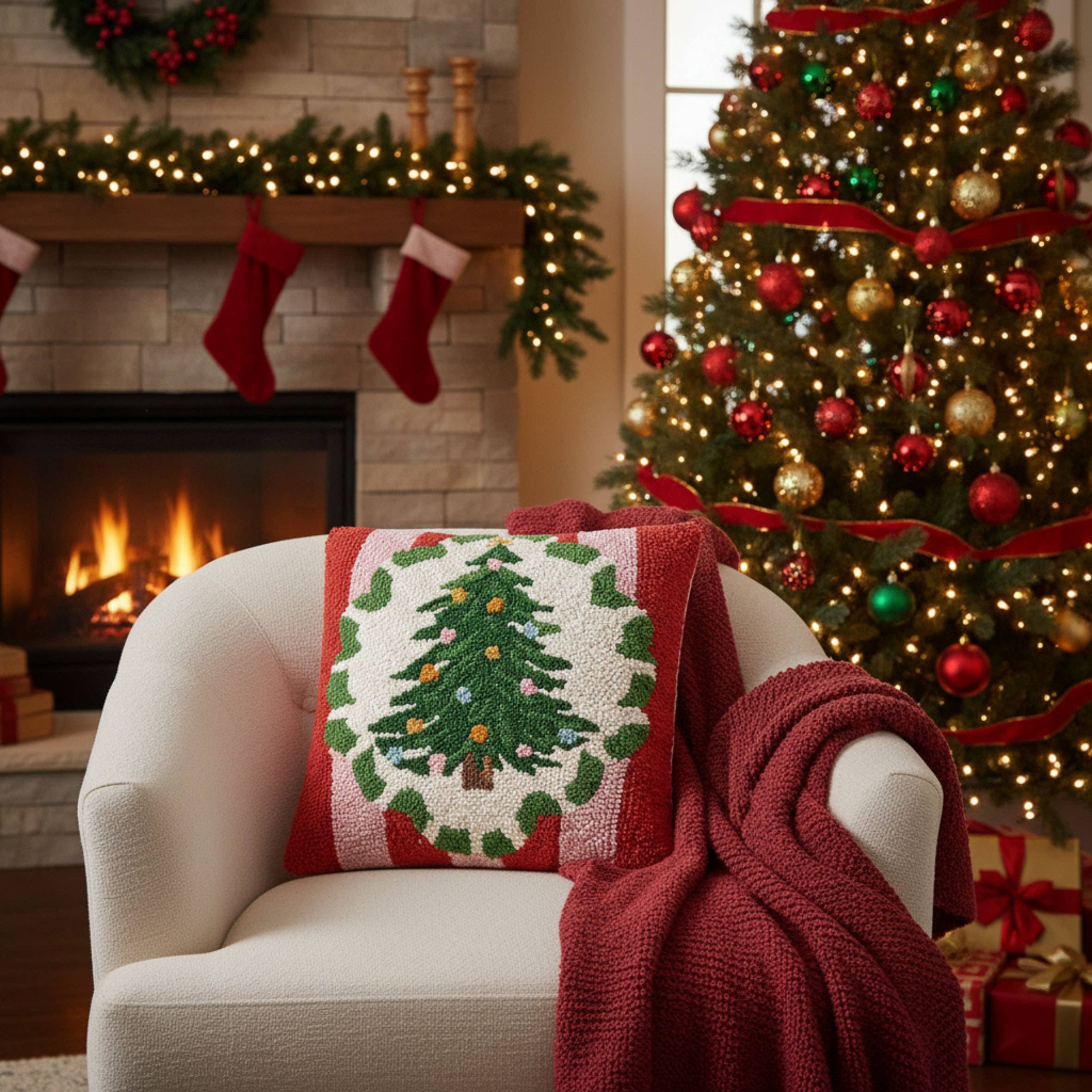 Red Holiday Frames Tree Hook Pillow